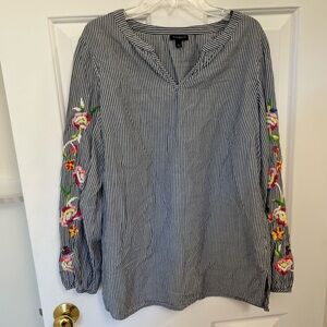 Talbots Gray and White Stripe Embroidered Long Sleeve Blouse